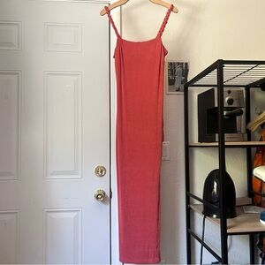 open lace back dress Coral Pink Denim Mini Dress – The Tate House main image 0